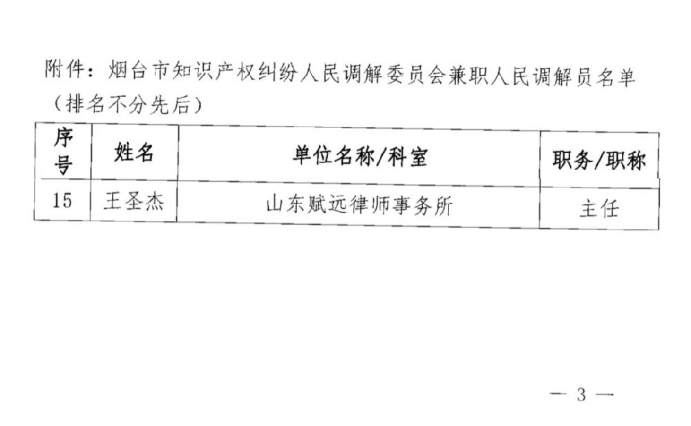 王圣杰律师受聘为烟台市知识产权纠纷人民调解员